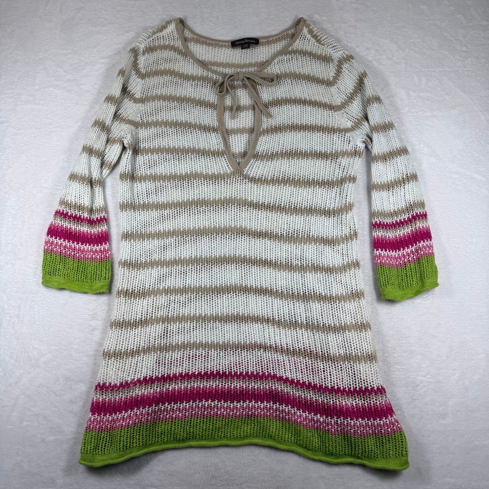 Tommy Bahama Womens Linen Cotton Open Knit Striped Tunic Sweater TW40392 Large